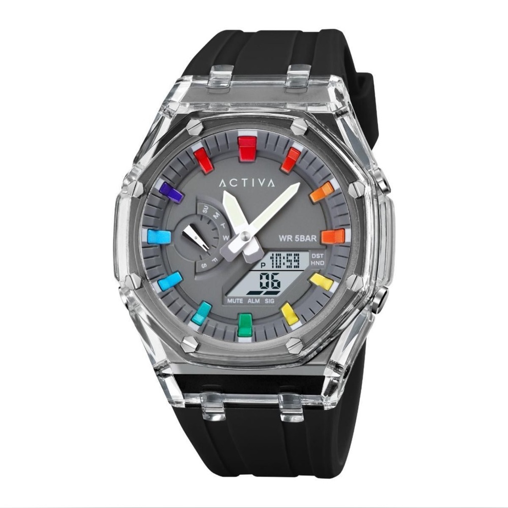Activa Multicolor Accent Hybrid Watch - Gray Dial, Black Band